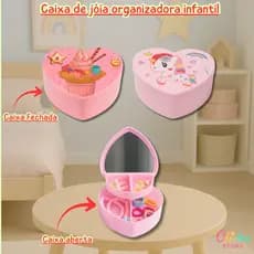 Organizador Porta Joia Infantil Coração com Espelho Colar Pulseira Anel e Xuxinhas