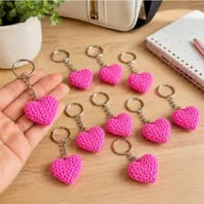 Kit 10 Chaveiro Coração Rosa 3D Estilo Crochê Lembrancinha Brinde Com Argola Love Amor