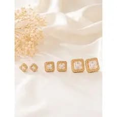 Trio de Brincos Quadrados Cravejados Zircônias Ice Ponto de Luz Estilo Luxo Elegância Moda Unissex