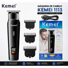 Máquina Kemei 1113 Profissional Sem Fio Aparador de Barba Cabelo Degradê Display LCD