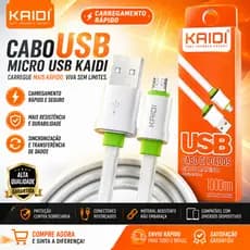 Cabo Micro USB Kaidi Turbo Carregamento Rápido 1 Metro | Cabo Reforçado para Android