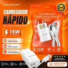 Carregador Rápido H’Maston 15W USB Universal Bivolt com Cabo | Turbo Charger para Android e iPhone