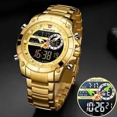 Relógio masculino NAVIFORCE militar dourado com visor duplo de quartzo analógico + digital esportivo pulseira impermeável totalmente em aço inoxidável