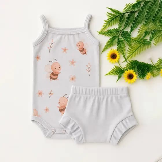 Conjunto Canelado Bebê Verão Manga Curta Body e Shorts