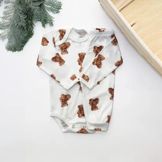 Conjunto Body e Calça Canelado Longo Ursos Confortável Dia a Dia