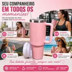 Copo Térmico 1200ml Inox Com Alça e Canudo Rosa Caneca Térmica Parede Dupla a Vácuo