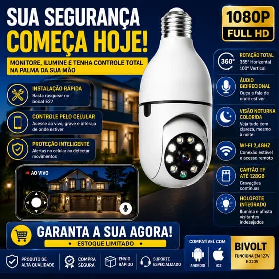 Câmera Lâmpada WiFi 360° Full HD 1080P Visão Noturna Colorida IP Câmera de Segurança Bivolt E27