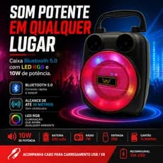 Caixa de Som Bluetooth 5.0 Super Potente 10W Portátil USB Rádio FM Cartão de Memória Recarregável