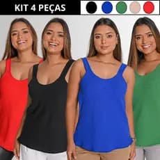 Kit 4 Regata Feminina Alça Larga Blusa Básica Tecido Crepe