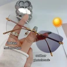 2 Em 1 Óculos Fotocrômicos Anti-Radiação Sem Moldura Para Gatos Mulheres Homens Tons De Transição Aro De Metal Brilho Azul