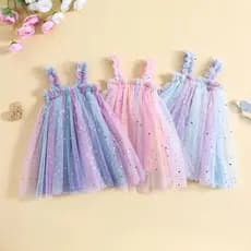 WFRV Summer Kids Toddler Girls Casual Sling Vestido Sleeveless Stars Impressão De Tule Colorido Roupas Fofas 1-5 Anos