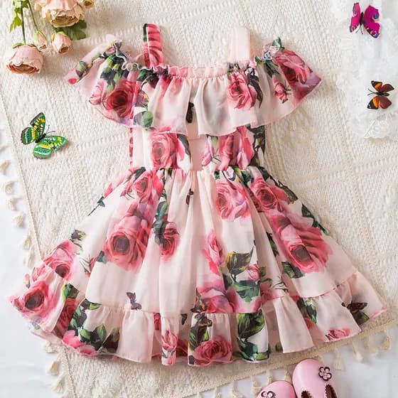 WFRV Vestido Bebê Princesa Chiffon 3D Rose OfertaImpressão De Ombro Verão Festa1 Aniversário 1-5 st Noiva Menina Flor