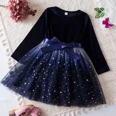 Festa De Aniversário De Ano Novo Para Meninas 3-8 Vestido De Manga Longa Sheer Star Sequin Chiffon Natal Veludo