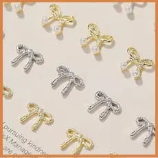 [BG] 10 Pcs 3D Prata Ouro Bowknot Em Forma De Prego Encantos Liga De Metal Nail Art Strass Manicure Jóias Para DIY Acess