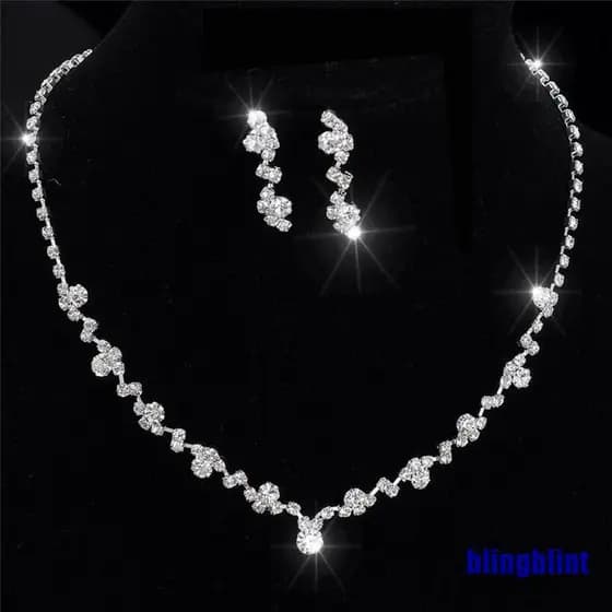 Colar De Cristal De Dama De Prata Conjunto De Brincos De Noiva Jóias