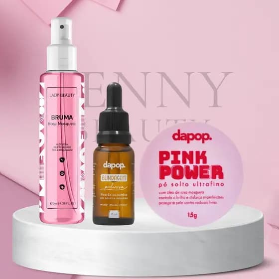 Kit Maquiagem Blindagem Dapop + Bruma Rosa Mosqueta Lady Beauty + Pó Rosa Mosqueta Pink Power Dapop