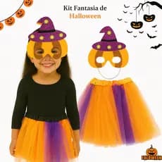 Fantasia Infantil Halloween Abóbora com Máscara e Saia 30cm – Kit com Chapéu LED