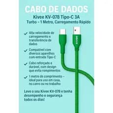 Cabo de Dados Kivee KV-078 Tipo-C 3A Turbo – 1 Metro, Carregamento Rápido - Cores Sortidas