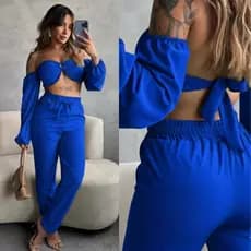 Conjunto Feminino Calça Pantalona e Cropped Com Bojo Manga Longa Alfaiataria Veste do 38 - 42