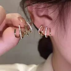 Brinco Ear Cuff Feminino 4 Argolas Cravejado Dourado Luxo