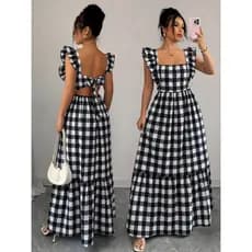 Vestido Longo Veste dO 38 ao 42 Festa Junina São João Xadrez Vichy Com Babado E Laço Nas Costas