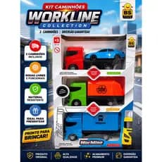 Kit 3 Caminhões de Brinquedo Workline Collection - Caminhão de Lixo, Guincho, Container ou Boiadeiro