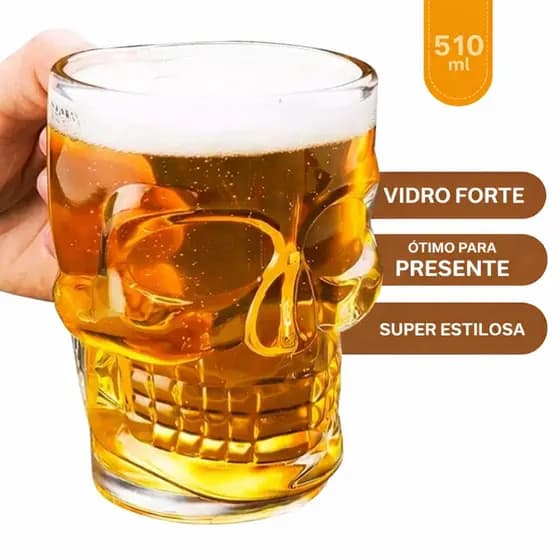 Caneca Caveira Vidro 510ml Copo Skull Beer Chopp Resistente Presente Criativo Bar