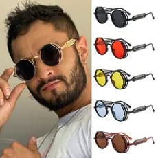 Óculos De Sol Masculino Redondo Steampunk Gótico Do Vintage Com Primavera Dupla UV400