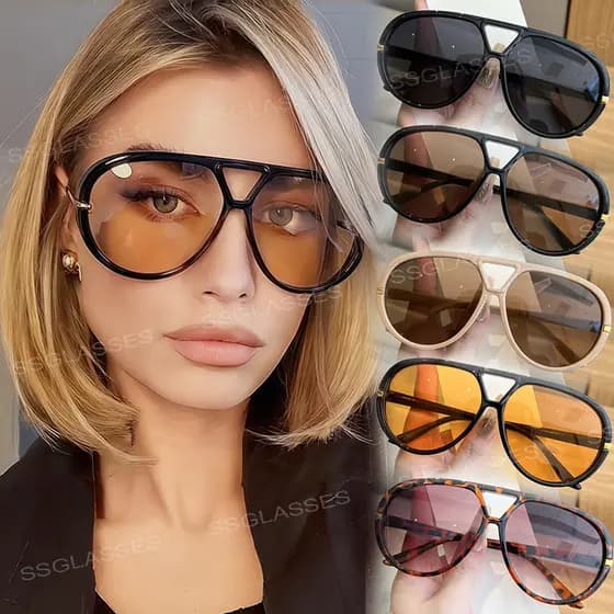 Óculos De Sol Retrô Piloto De Armação Grande Para Mulheres E Homens Redondos De Feixe Duplo Resistentes A UV