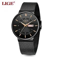 LIGE Relógio Original Para Homens Ultra Fino Data Malha Pulseira De Aço Chrongraph À Prova D'água Casual De Quartzo Mulh