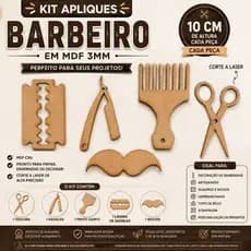 Kit 5 Apliques Barbearia em MDF Cru 10cm – Tesoura, Navalha, Pente, Bigode e Lâmina | Artesanato e Decoração