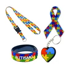 Cordão para Autista - Kit Autismo 04 Peças - Cordão Estampa Quebra Cabeça + Pulseira + Chaveiro + Adesivo - Kit TEA/TDAH