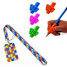 Kit cordão com Cracha para Autismo/TDHA + 02 Adaptador Ergonômico para Escrita 2 Dedos
