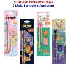 Kit Escolar Leo & Leo 04 Peças - 02 Lápis + Borracha + Apontador