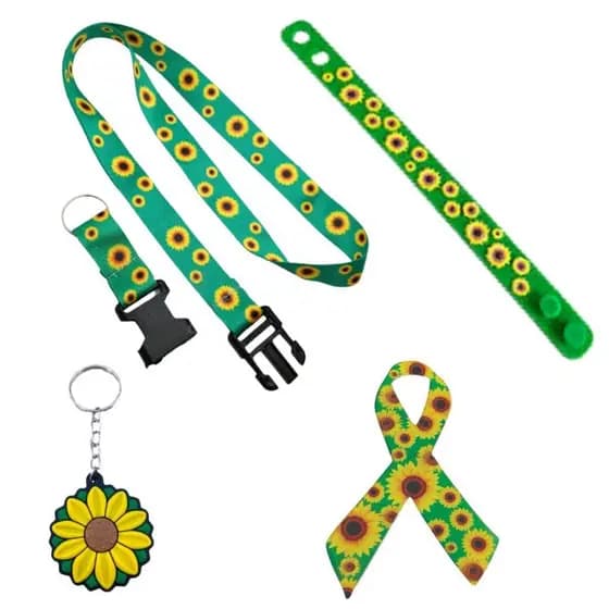 Cordão Girassol Kit com 04 peças, Acompanha: Pulseira, Adesivo e Chaveiro - Identificação para Doenças Ocultas