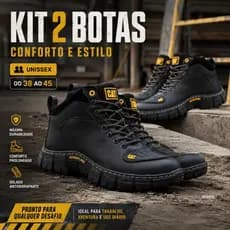 Oferta 2 Pares Bota CAT Masculina Coturno Preto Couro Sintético Tilha Motoqueiro 38 ao 45 Promoção