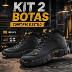 Oferta 2 Pares Bota CAT Masculina Coturno Preto Couro Sintético 38 ao 45 Promoção