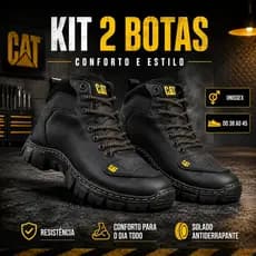 Oferta 2 Pares Bota Adventure CAT Masculina Coturno Preto Couro Sintético Tratorado Tilha 38 ao 45