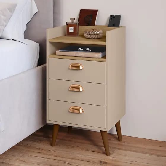 Mesa de Cabeceira Heloísa 3 Gavetas com Nicho e Porta Celular – Organizador Moderno para Quarto