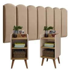 Cabeceira Modulada Nuvem Estofada + 2 Mesas de Cabeceira com Nicho Organizador e Porta Celular