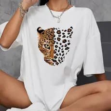 Blusa T-Shirt Feminina ombro caído camisa oversized lançamento estilo onça 100% algodão