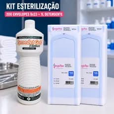 KIT Envelope esterilização alicate cutícula em autoclave 9 x 23cm c/ 200 un + Detergente Enzimático
