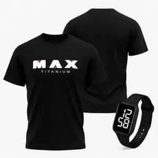 Camiseta Preta Dry Fit Max Titanium Masculina Esportiva Academia + Relógio Digital Preto Quadrado