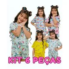 Kit 6 Peças Sortidos Pijama Básico Infantil Feminino Estampado – Conjunto para dormir, para usar no dia a dia