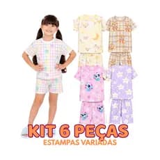 Pijama Infantil Feminino Kit 6 Peças Roupa de Dormir Menina Estampas Variadas Promoção