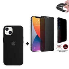 Kit Case Preta + Película Cerâmica Privacidade iPhone XS 11 12 13 14 15 16 Pro Max - Nanclares