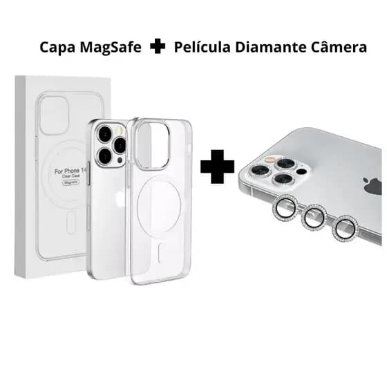 Kit Capa MagSafe Transparente + Câmera Diamante iPhone Plus - Nanclares