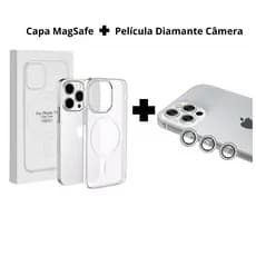 Kit Capa MagSafe Transparente + Película Câmera Diamante iPhone Pro - Nanclares
