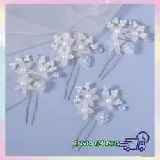 Grampo Arranjo de Cabelo Noiva, Debutante, com flor e pérolas