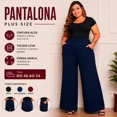 Calça Pantalona Feminina Plus Size Cintura Alta Bolso Forrado e Elástico Tendências Moda G1 G2 G3
